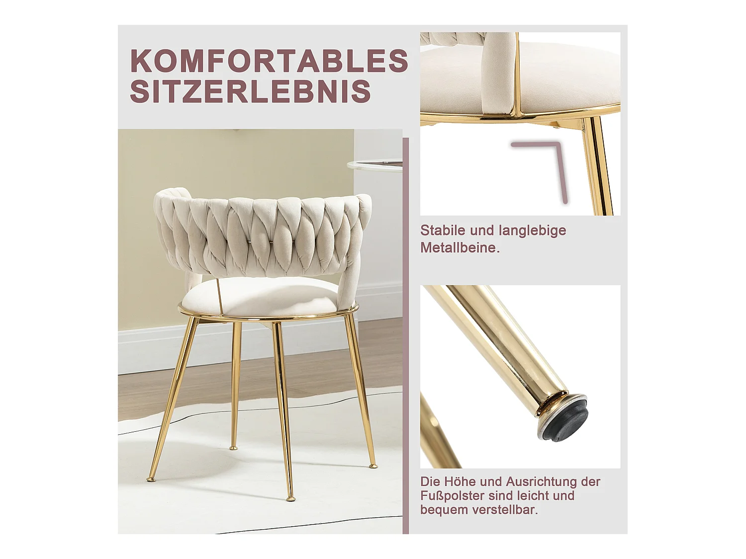 Lot de 2 chaises de salle à manger - 57 x 55 x 70 cm - pieds métal doré + coussins moelleux - velours - ivoire