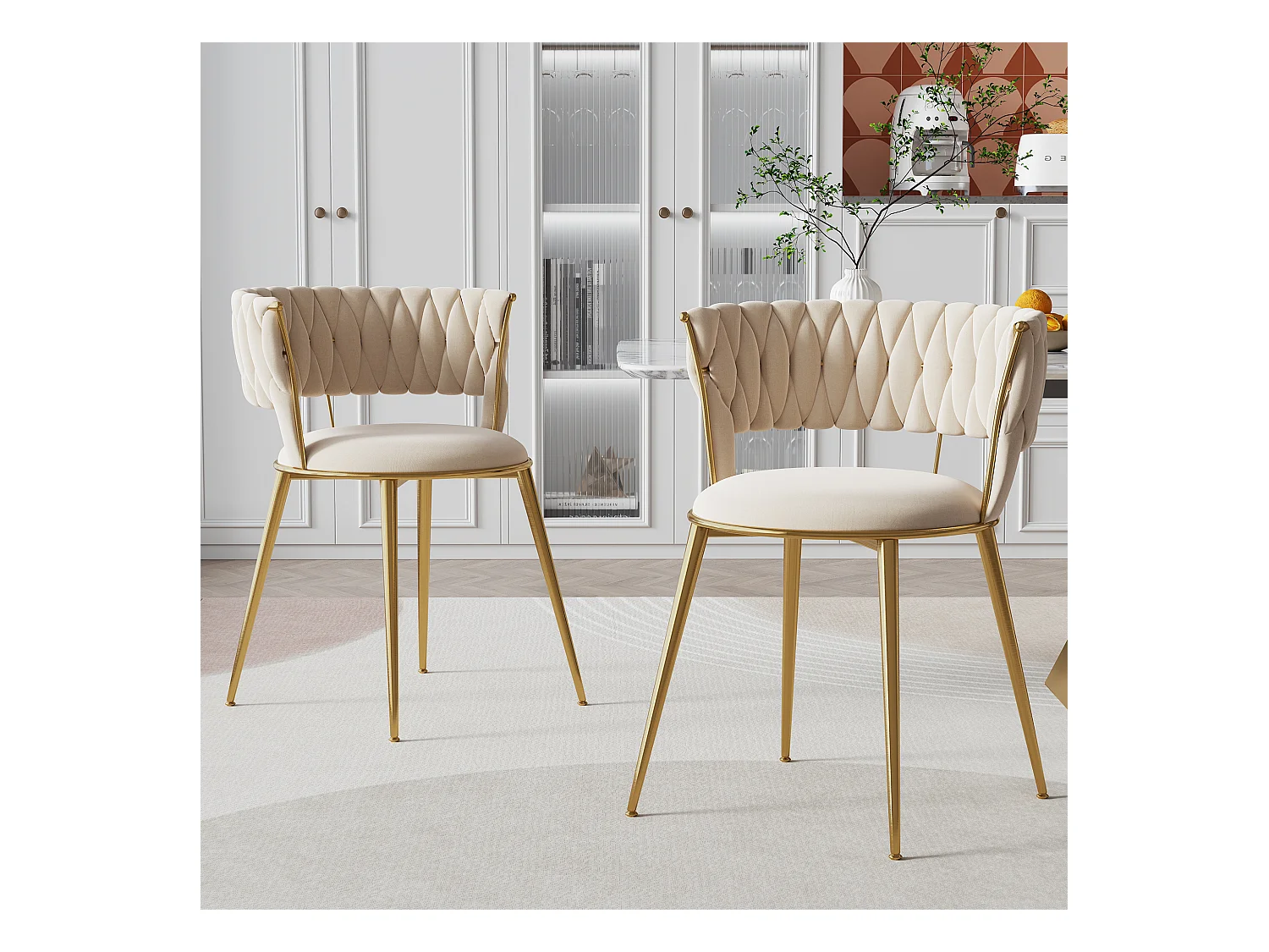 Lot de 2 chaises de salle à manger - 57 x 55 x 70 cm - pieds métal doré + coussins moelleux - velours - ivoire