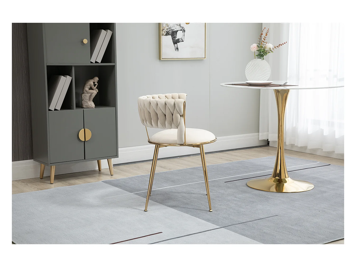 Lot de 2 chaises de salle à manger - 57 x 55 x 70 cm - pieds métal doré + coussins moelleux - velours - ivoire