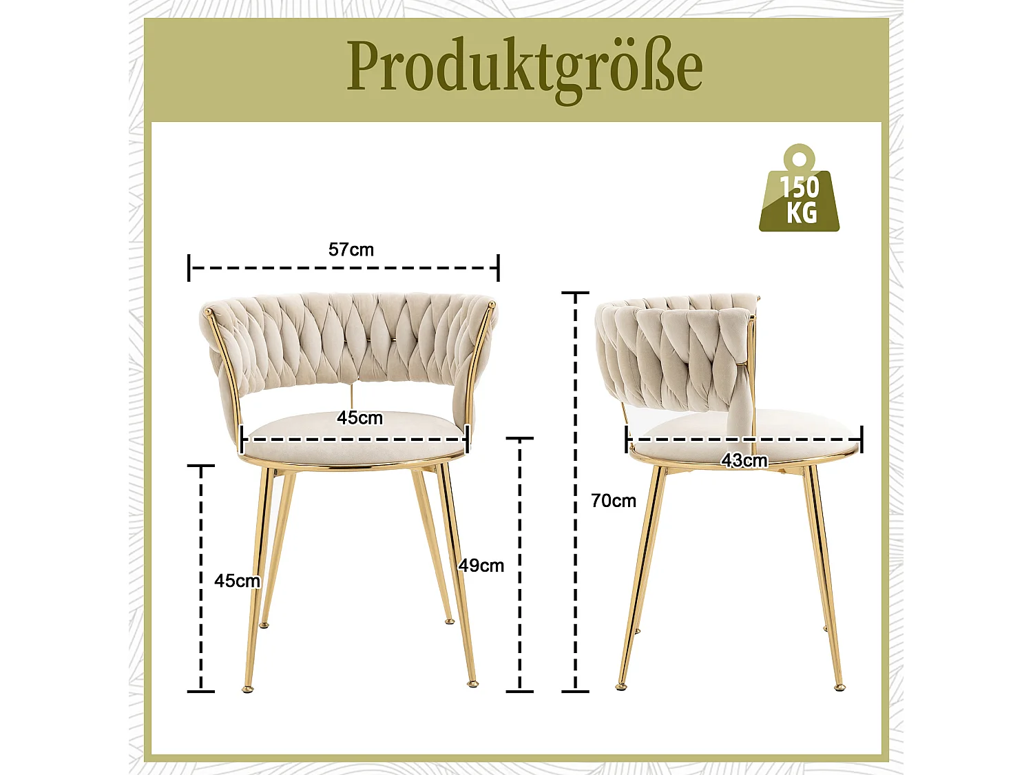 Lot de 2 chaises de salle à manger - 57 x 55 x 70 cm - pieds métal doré + coussins moelleux - velours - ivoire