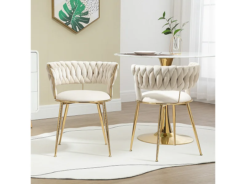 Lot de 2 chaises de salle à manger - 57 x 55 x 70 cm - pieds métal doré + coussins moelleux - velours - ivoire