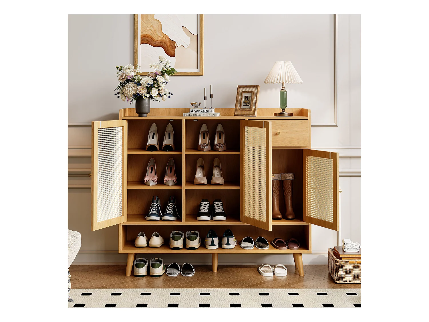 Meuble à chaussures en rotin - 120 x 35 x 106 cm - avec 3 portes +1 tiroir + 5 étagères - aggloméré - naturel