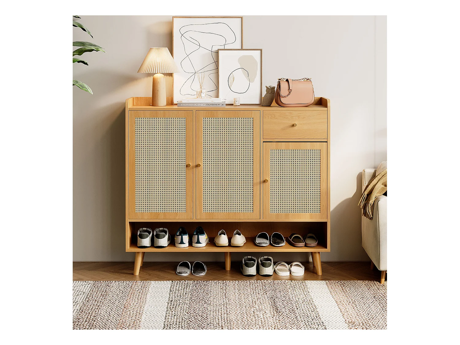 Meuble à chaussures en rotin - 120 x 35 x 106 cm - avec 3 portes +1 tiroir + 5 étagères - aggloméré - naturel