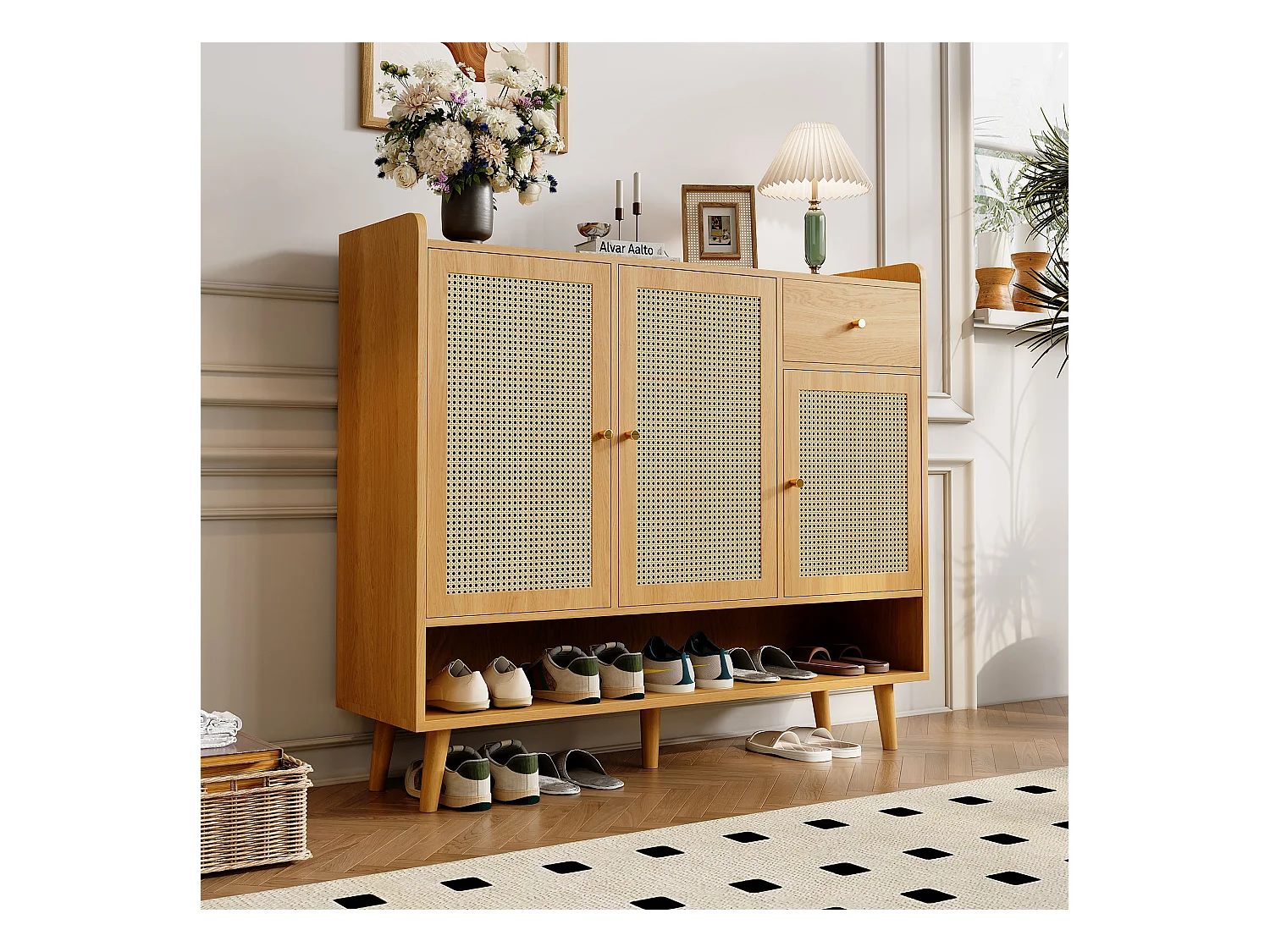 Meuble à chaussures en rotin - 120 x 35 x 106 cm - avec 3 portes +1 tiroir + 5 étagères - aggloméré - naturel