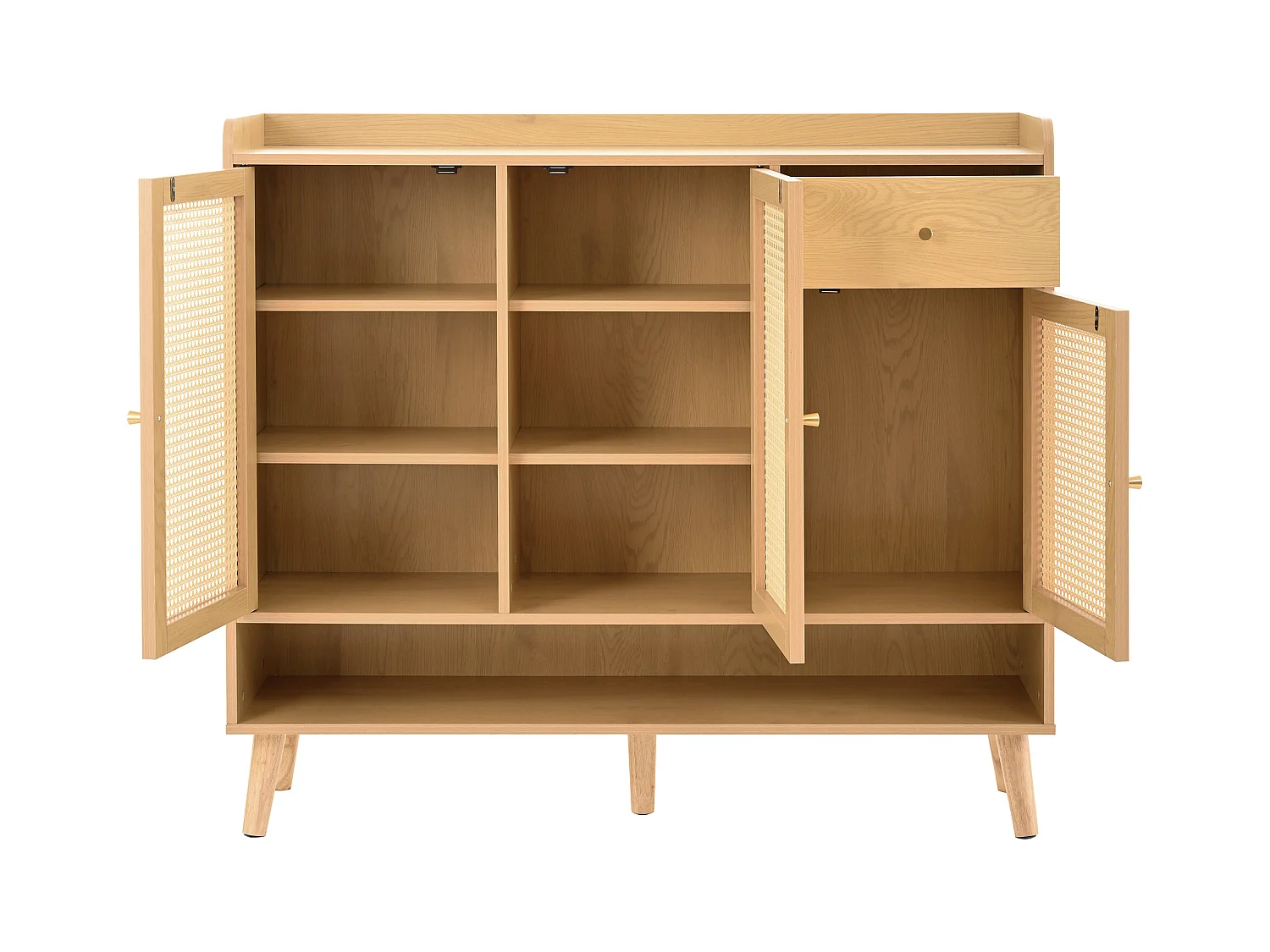 Meuble à chaussures en rotin - 120 x 35 x 106 cm - avec 3 portes +1 tiroir + 5 étagères - aggloméré - naturel