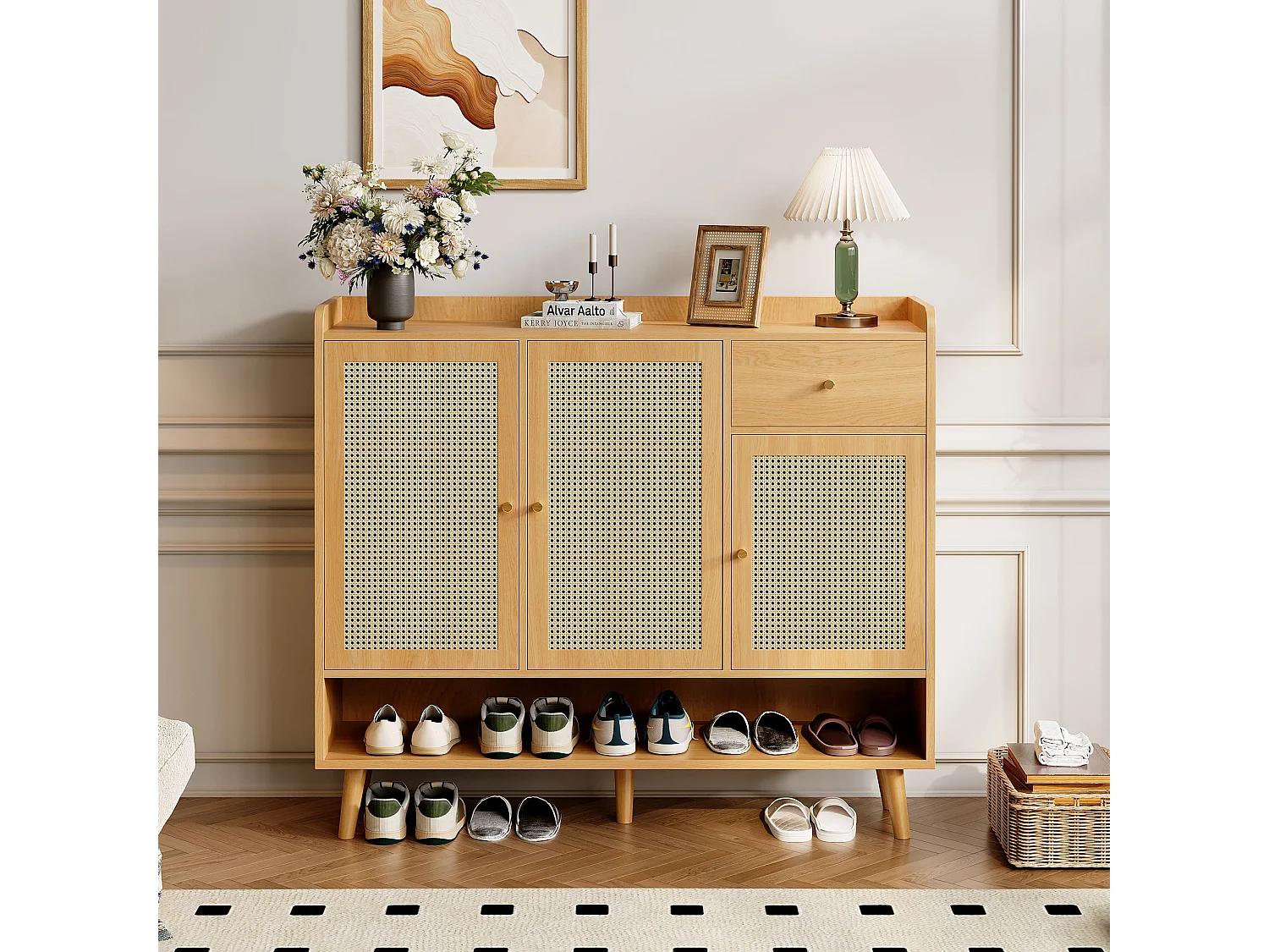 Meuble à chaussures en rotin - 120 x 35 x 106 cm - avec 3 portes +1 tiroir + 5 étagères - aggloméré - naturel