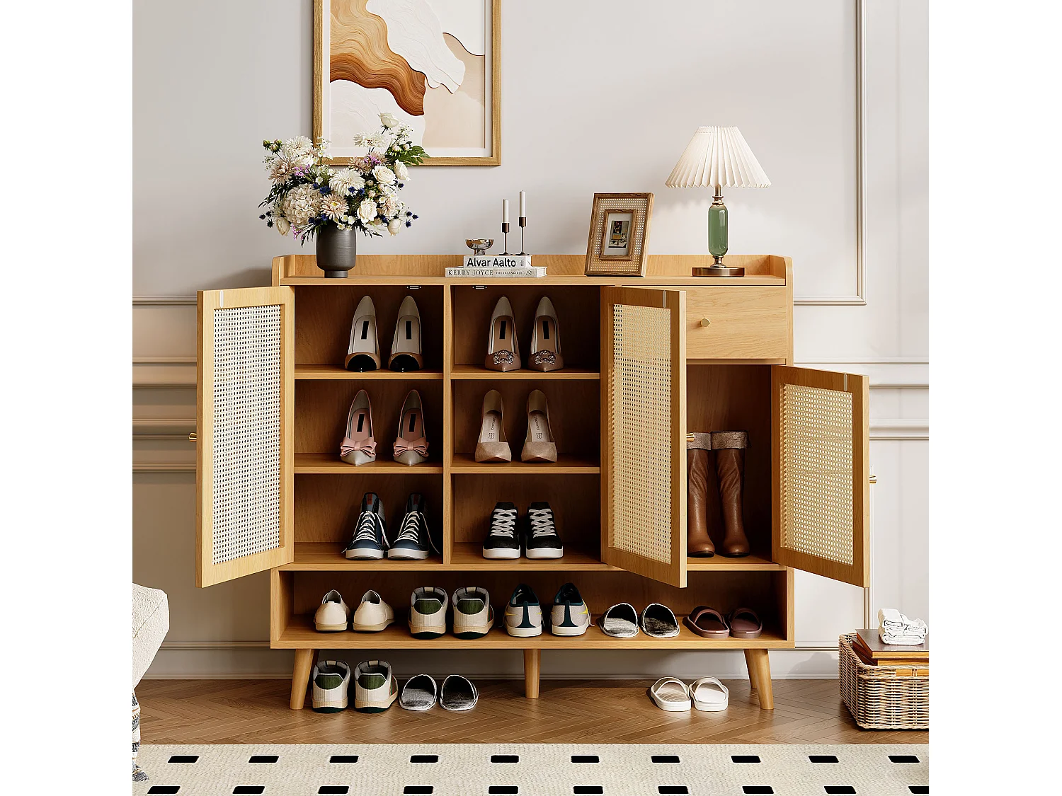 Meuble à chaussures en rotin - 120 x 35 x 106 cm - avec 3 portes +1 tiroir + 5 étagères - aggloméré - naturel