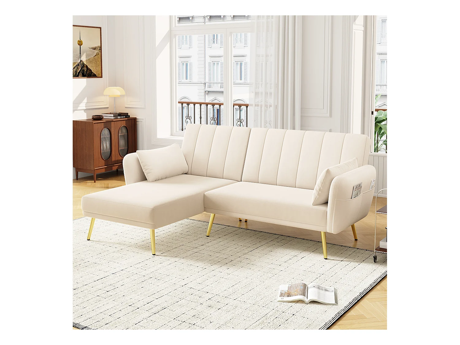 Canapé 3 places pliant - 191.5 x 130 x 80 cm - canapé d'angle avec fonction couchage - velours - beige