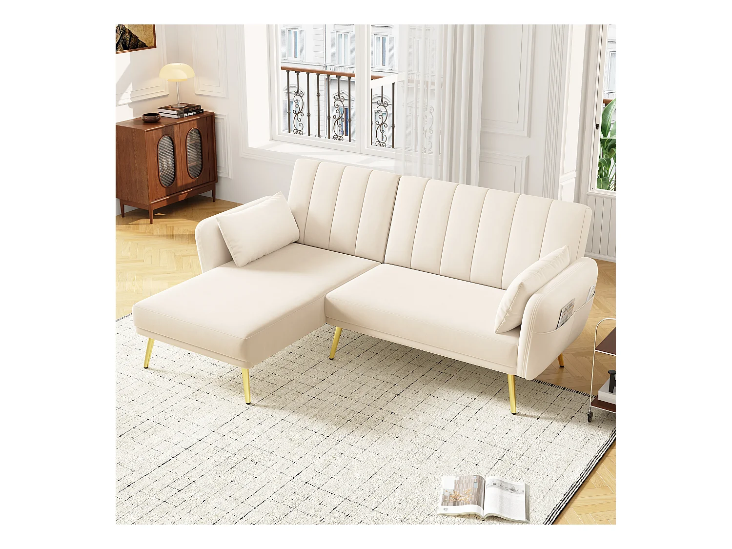 Canapé 3 places pliant - 191.5 x 130 x 80 cm - canapé d'angle avec fonction couchage - velours - beige