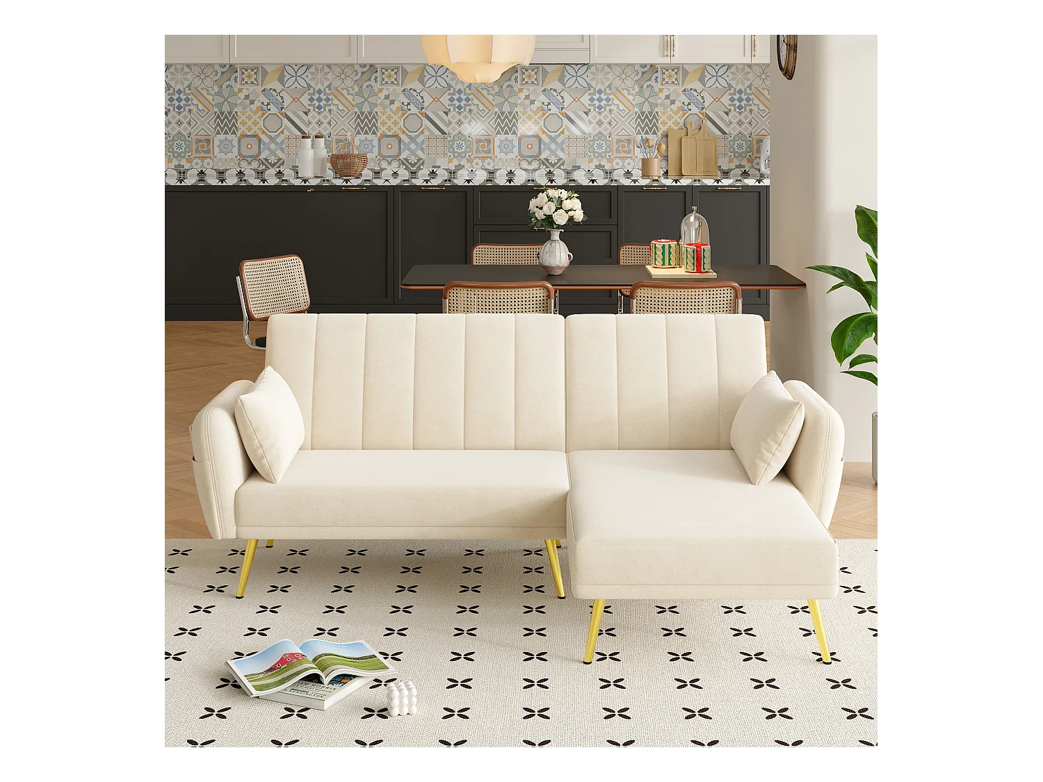 Canapé 3 places pliant - 191.5 x 130 x 80 cm - canapé d'angle avec fonction couchage - velours - beige