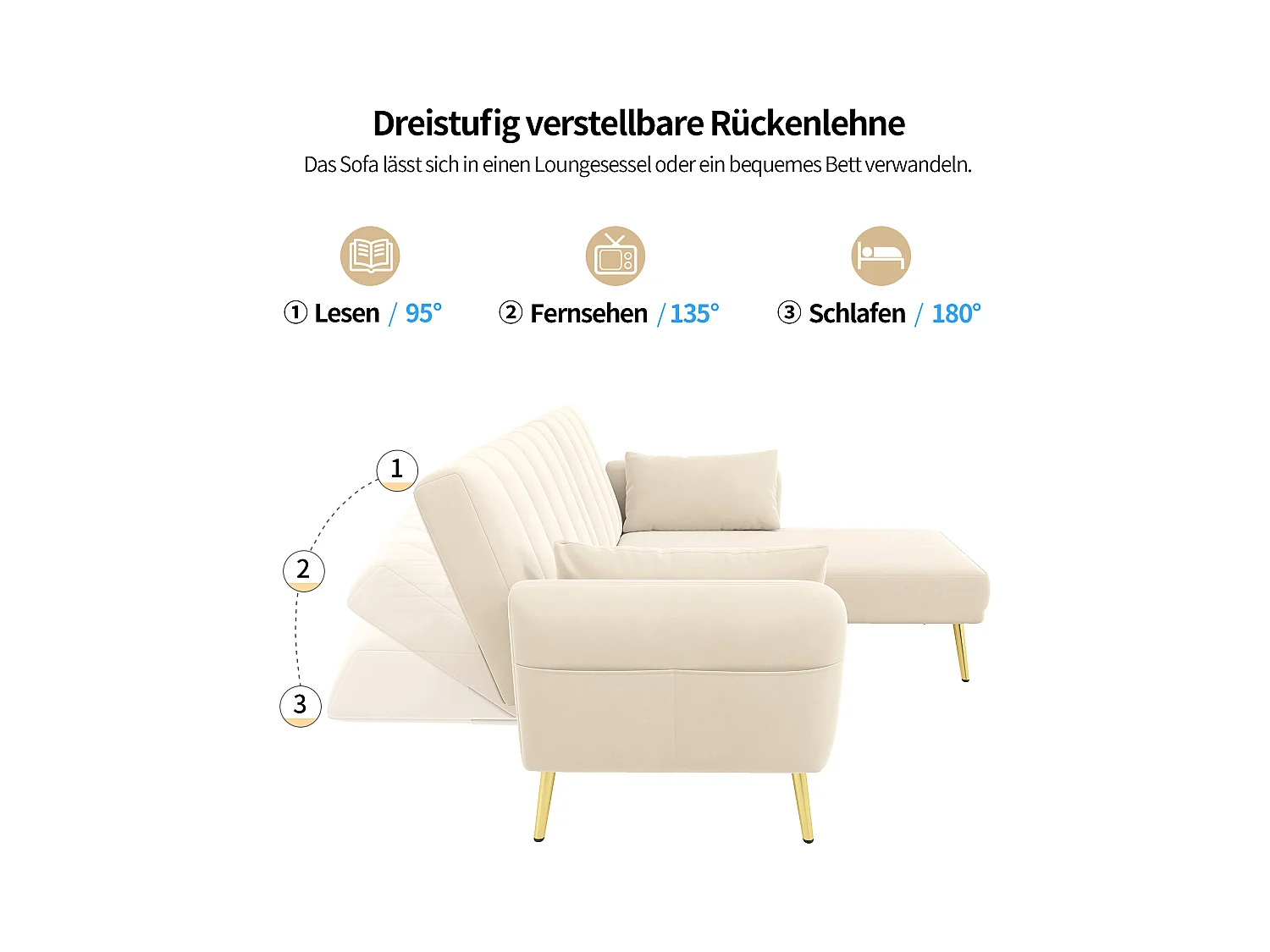 Canapé 3 places pliant - 191.5 x 130 x 80 cm - canapé d'angle avec fonction couchage - velours - beige