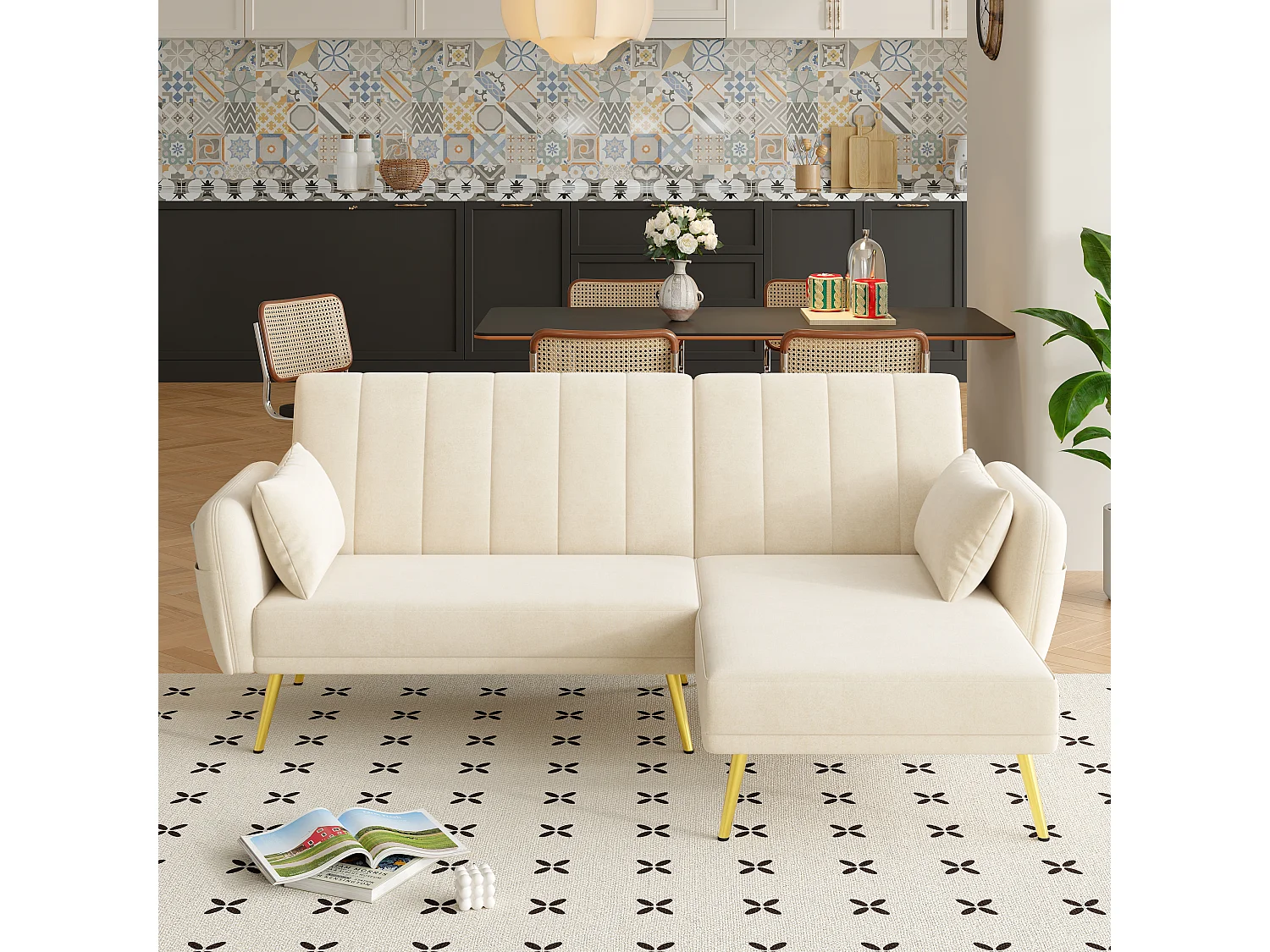 Canapé 3 places pliant - 191.5 x 130 x 80 cm - canapé d'angle avec fonction couchage - velours - beige