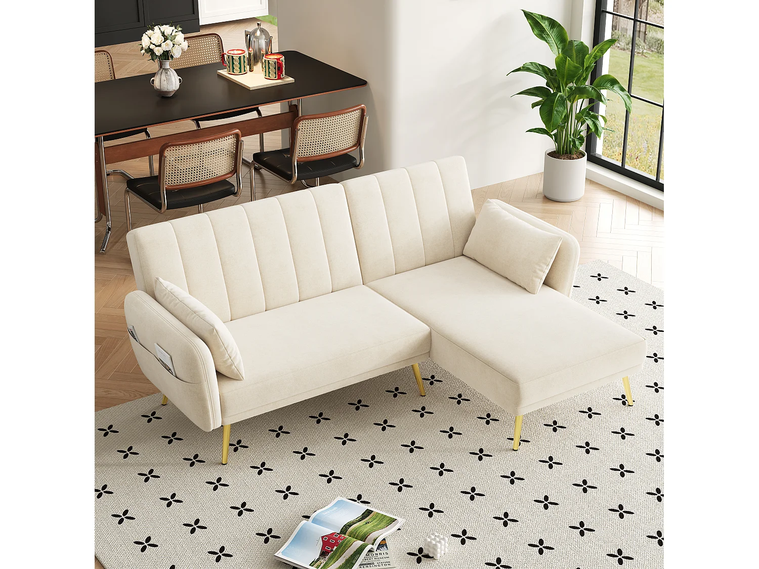 Canapé 3 places pliant - 191.5 x 130 x 80 cm - canapé d'angle avec fonction couchage - velours - beige