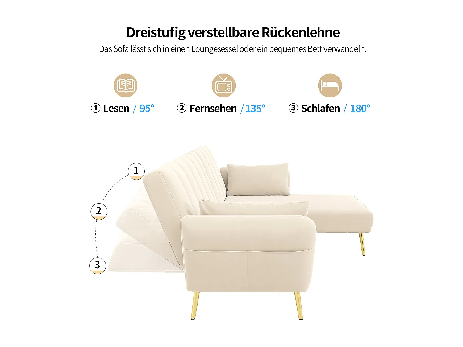 Canapé 3 places pliant - 191.5 x 130 x 80 cm - canapé d'angle avec fonction couchage - velours - beige