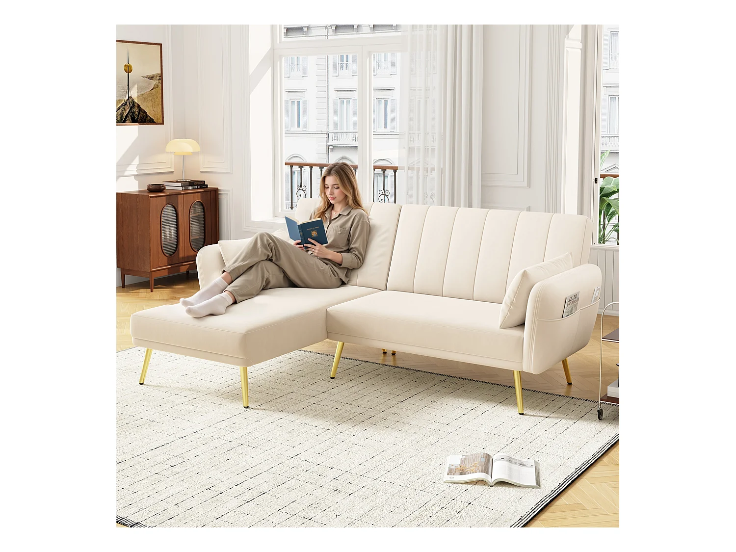 Canapé 3 places pliant - 191.5 x 130 x 80 cm - canapé d'angle avec fonction couchage - velours - beige