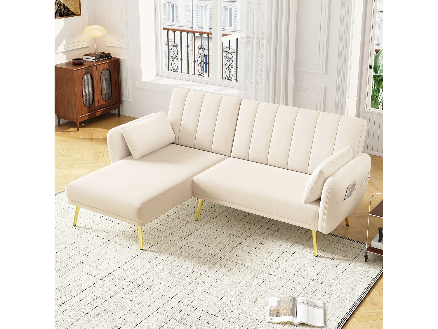 Canapé 3 places pliant - 191.5 x 130 x 80 cm - canapé d'angle avec fonction couchage - velours - beige