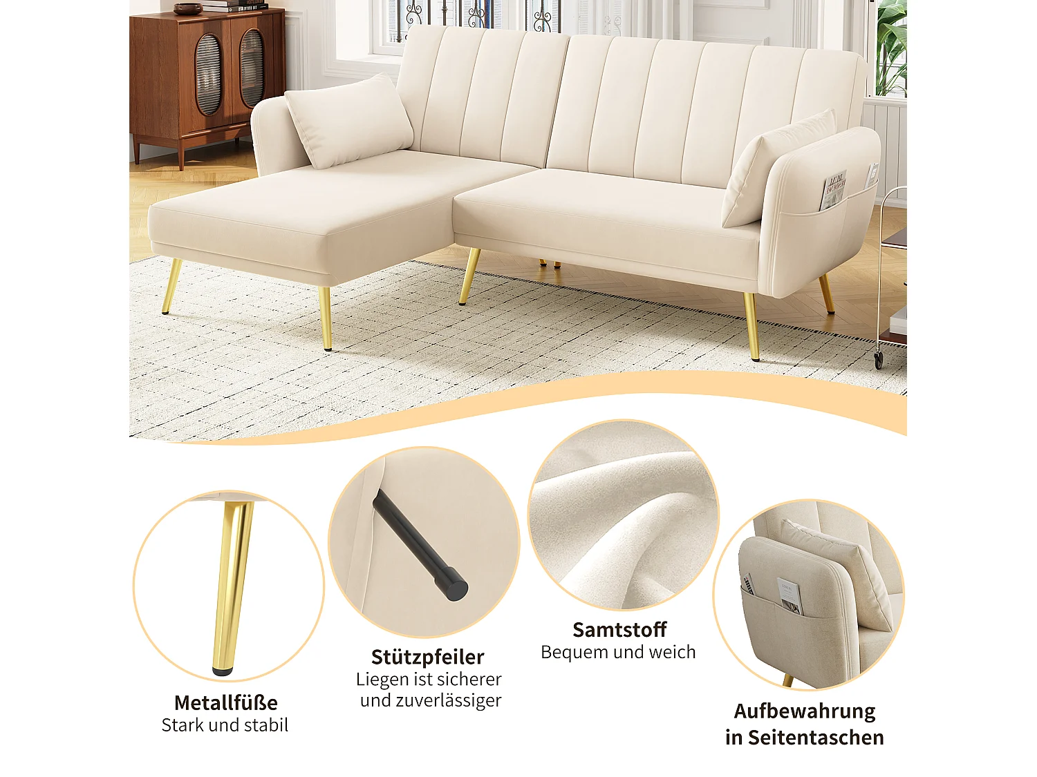 Canapé 3 places pliant - 191.5 x 130 x 80 cm - canapé d'angle avec fonction couchage - velours - beige