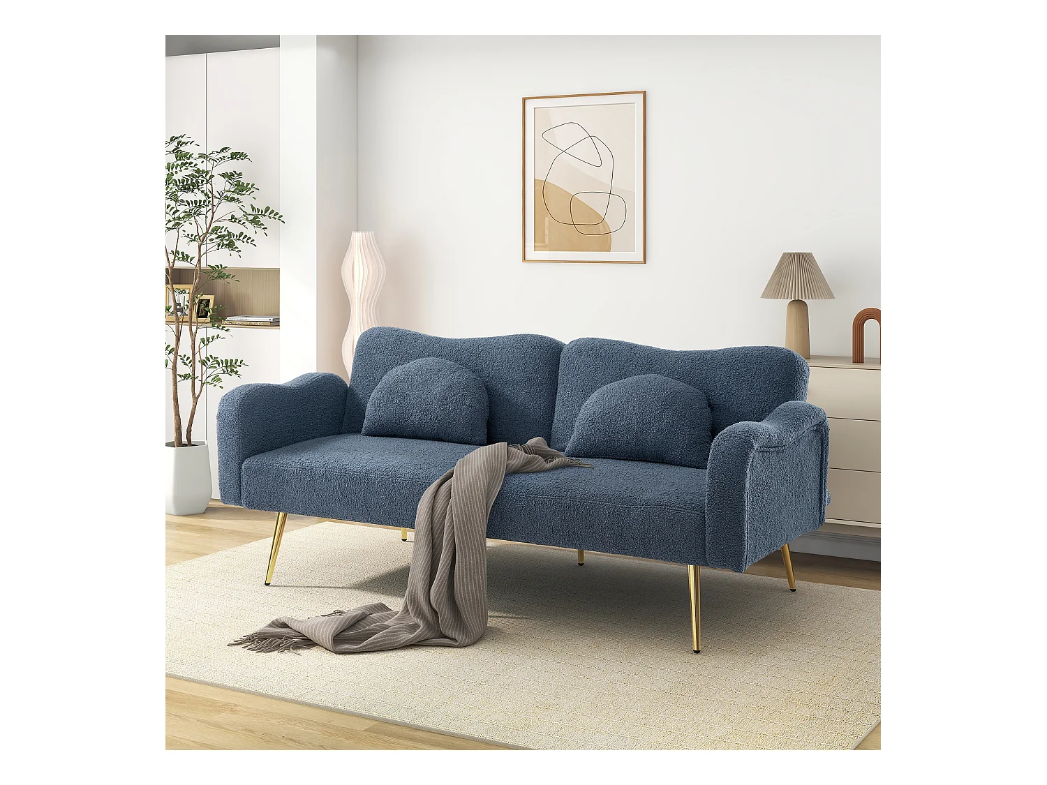 Canapé convertible 2 places - 175 x 79 x 82 cm - avec dossier réglable - velours - Bleu