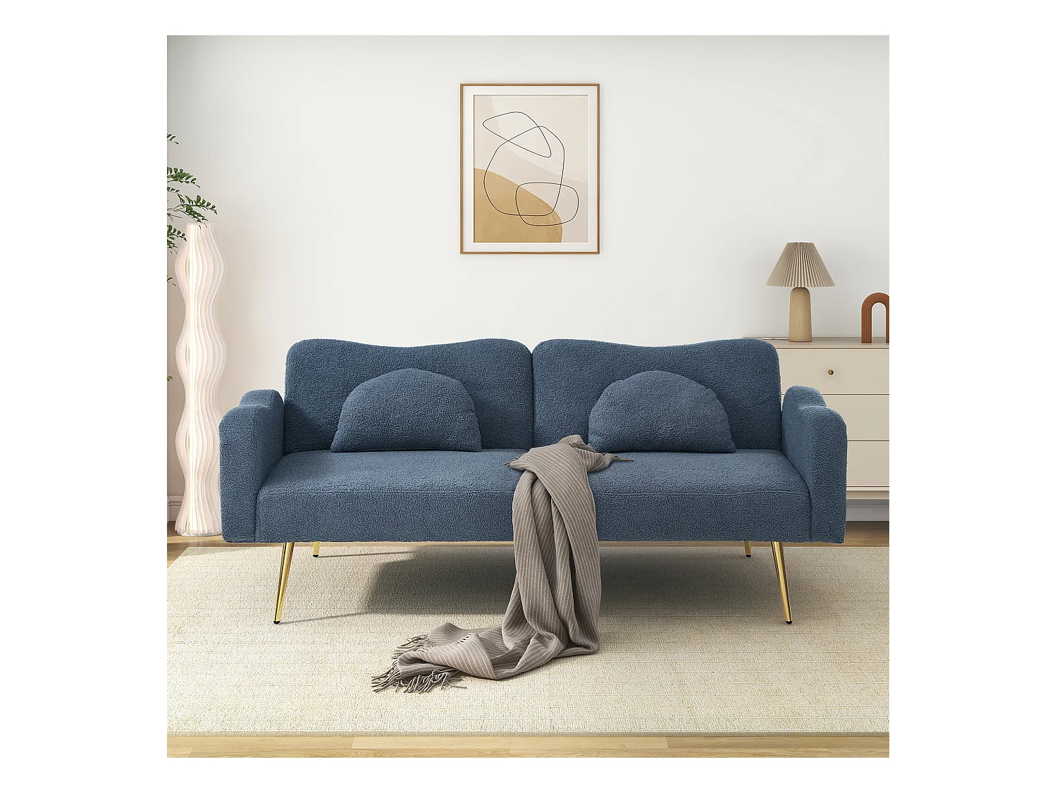 Canapé convertible 2 places - 175 x 79 x 82 cm - avec dossier réglable - velours - Bleu