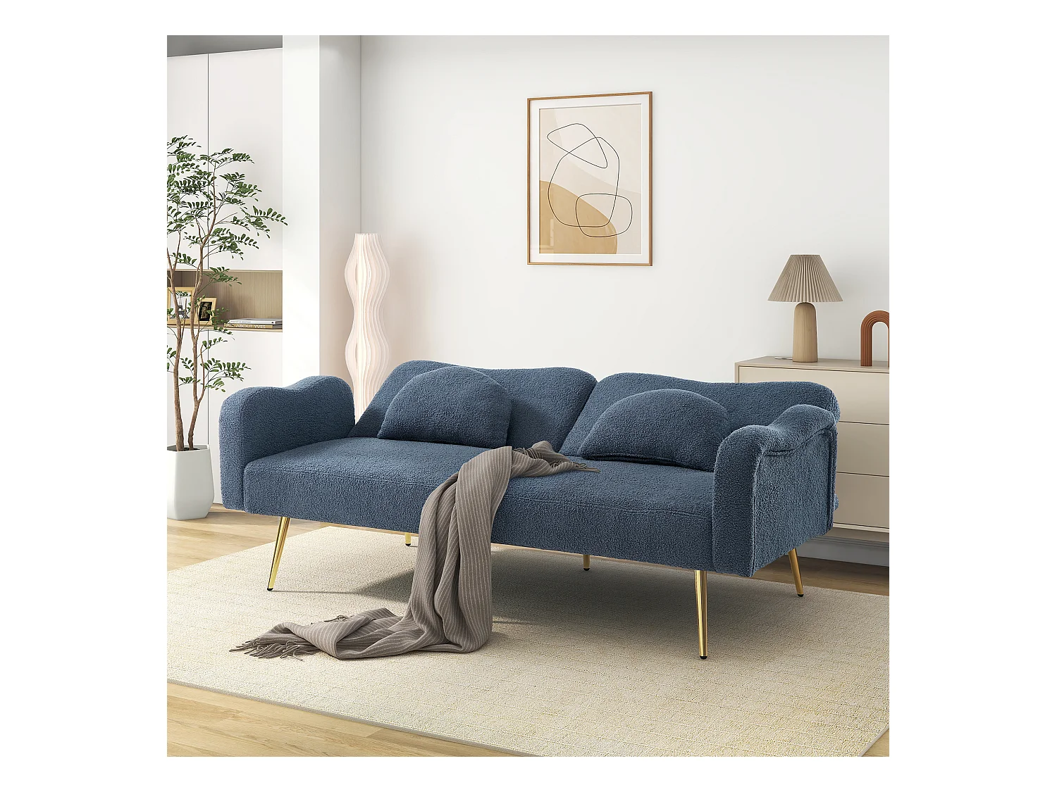 Canapé convertible 2 places - 175 x 79 x 82 cm - avec dossier réglable - velours - Bleu