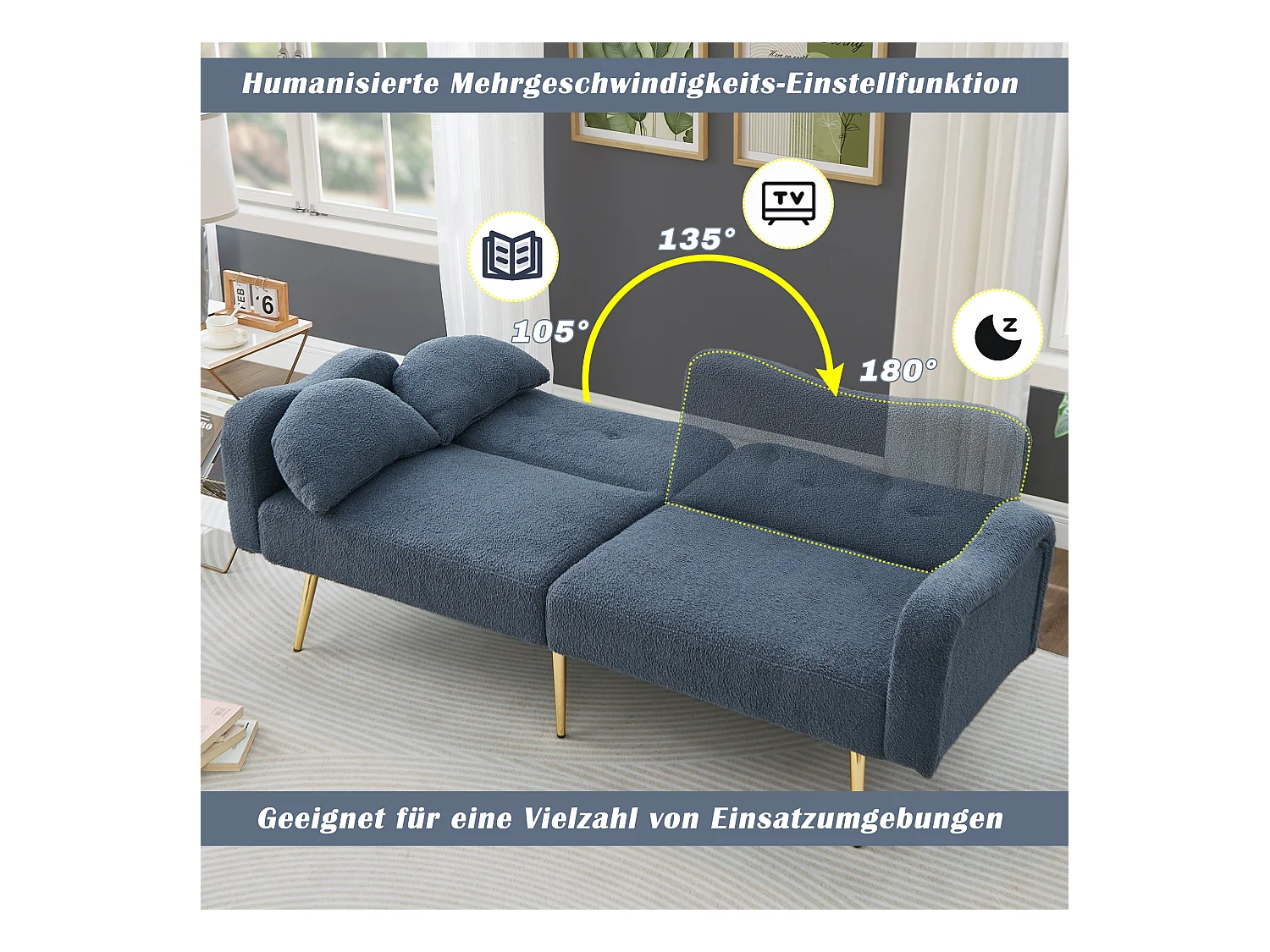 Canapé convertible 2 places - 175 x 79 x 82 cm - avec dossier réglable - velours - Bleu