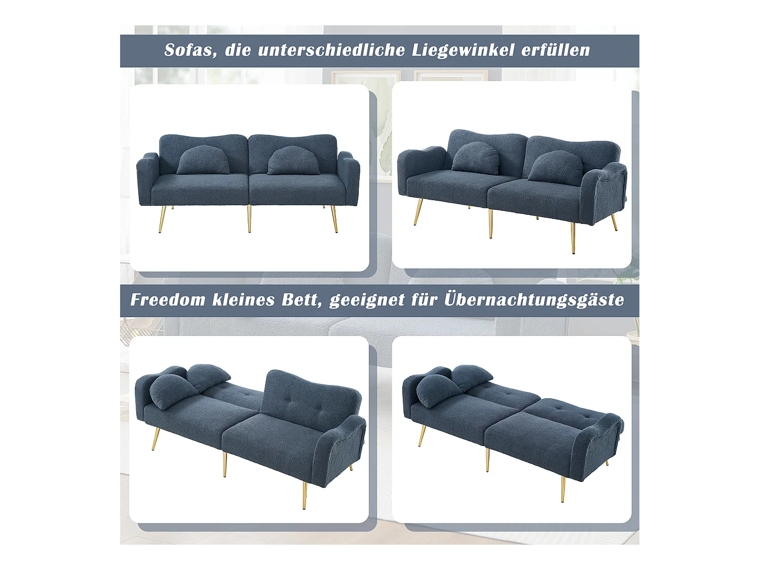 Canapé convertible 2 places - 175 x 79 x 82 cm - avec dossier réglable - velours - Bleu
