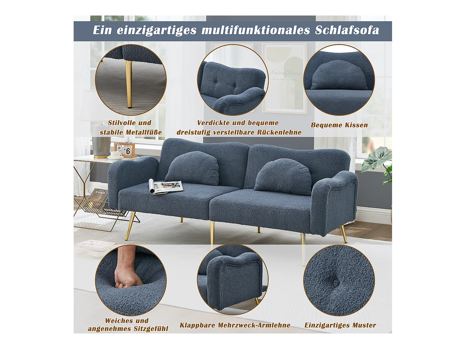 Canapé convertible 2 places - 175 x 79 x 82 cm - avec dossier réglable - velours - Bleu