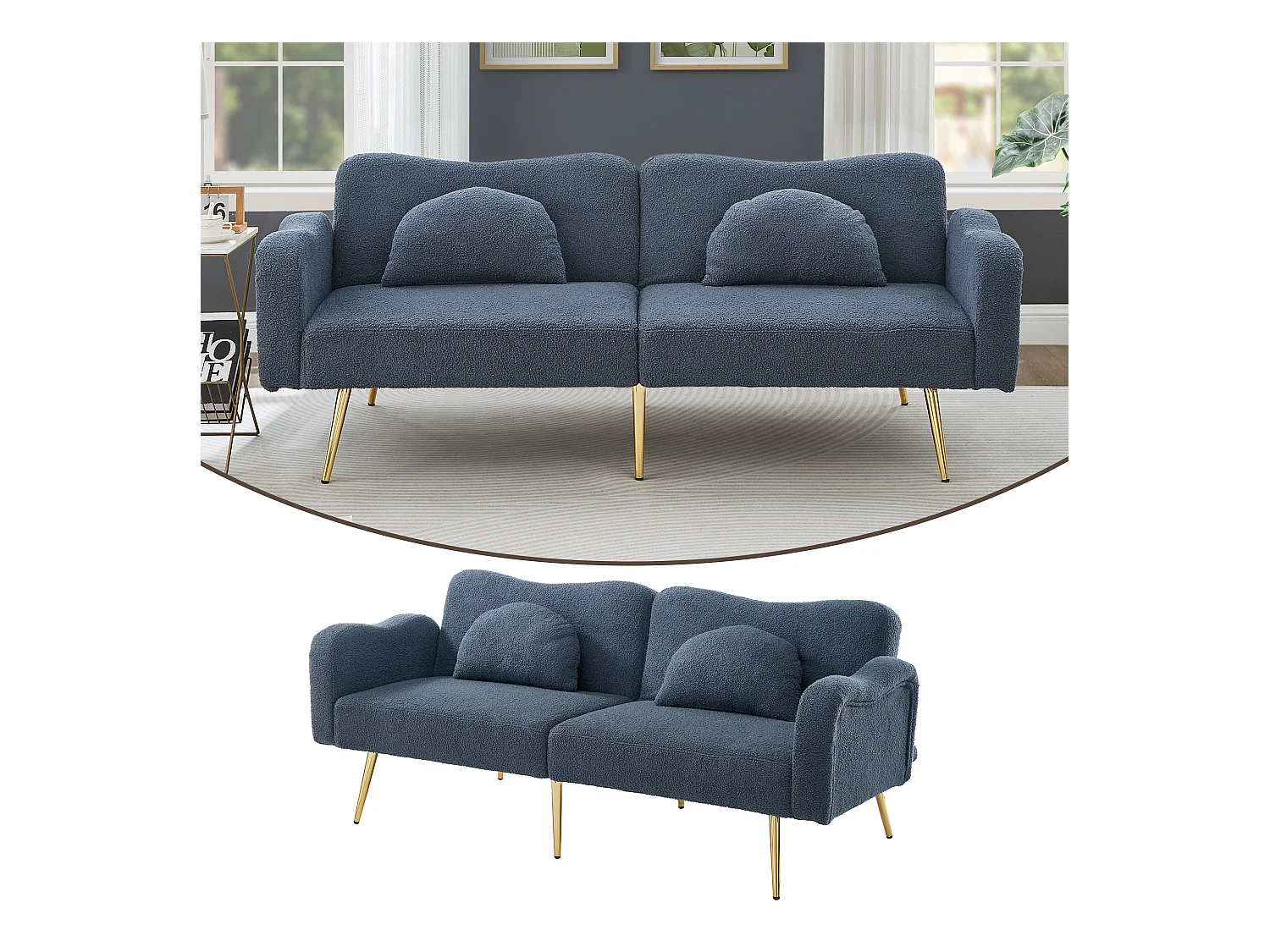 Canapé convertible 2 places - 175 x 79 x 82 cm - avec dossier réglable - velours - Bleu