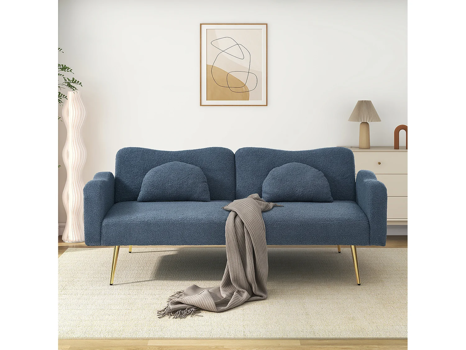 Canapé convertible 2 places - 175 x 79 x 82 cm - avec dossier réglable - velours - Bleu