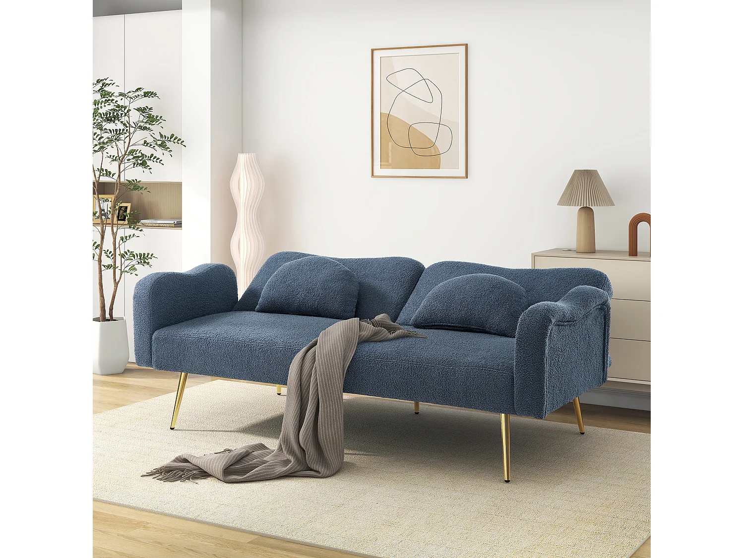 Canapé convertible 2 places - 175 x 79 x 82 cm - avec dossier réglable - velours - Bleu