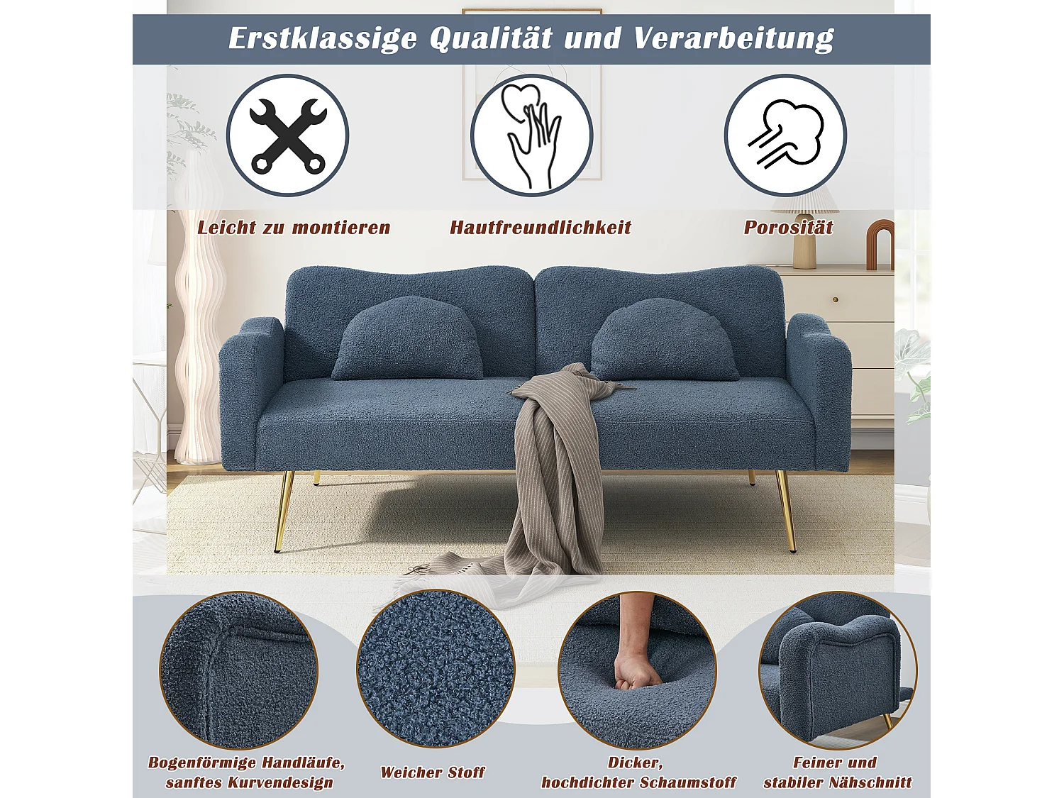 Canapé convertible 2 places - 175 x 79 x 82 cm - avec dossier réglable - velours - Bleu