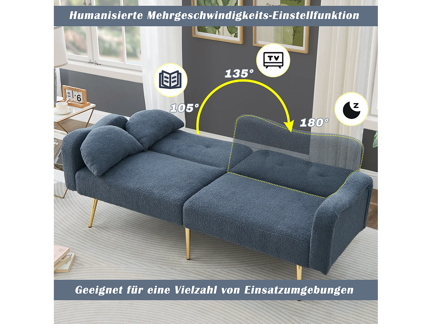 Canapé convertible 2 places - 175 x 79 x 82 cm - avec dossier réglable - velours - Bleu