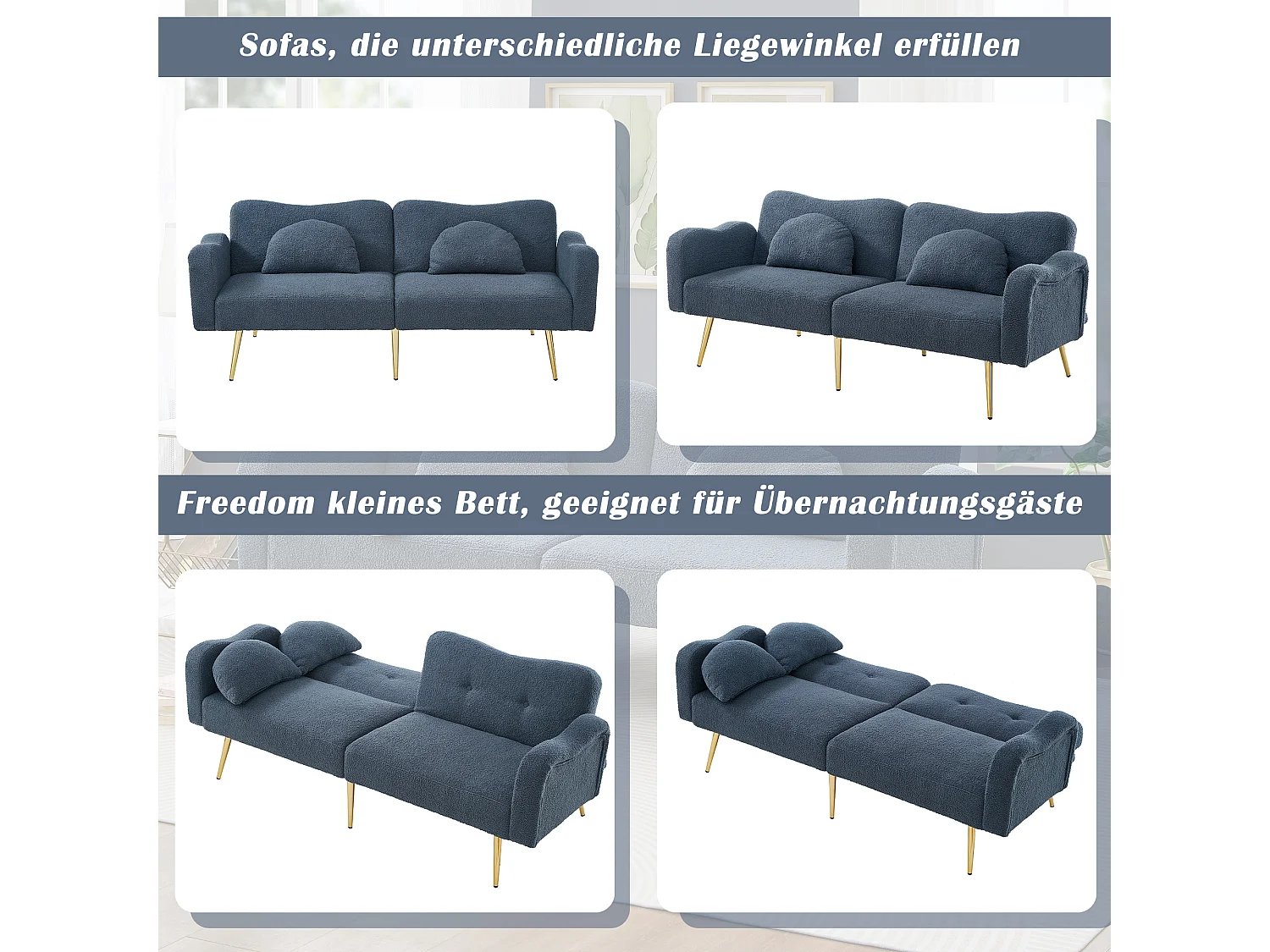 Canapé convertible 2 places - 175 x 79 x 82 cm - avec dossier réglable - velours - Bleu