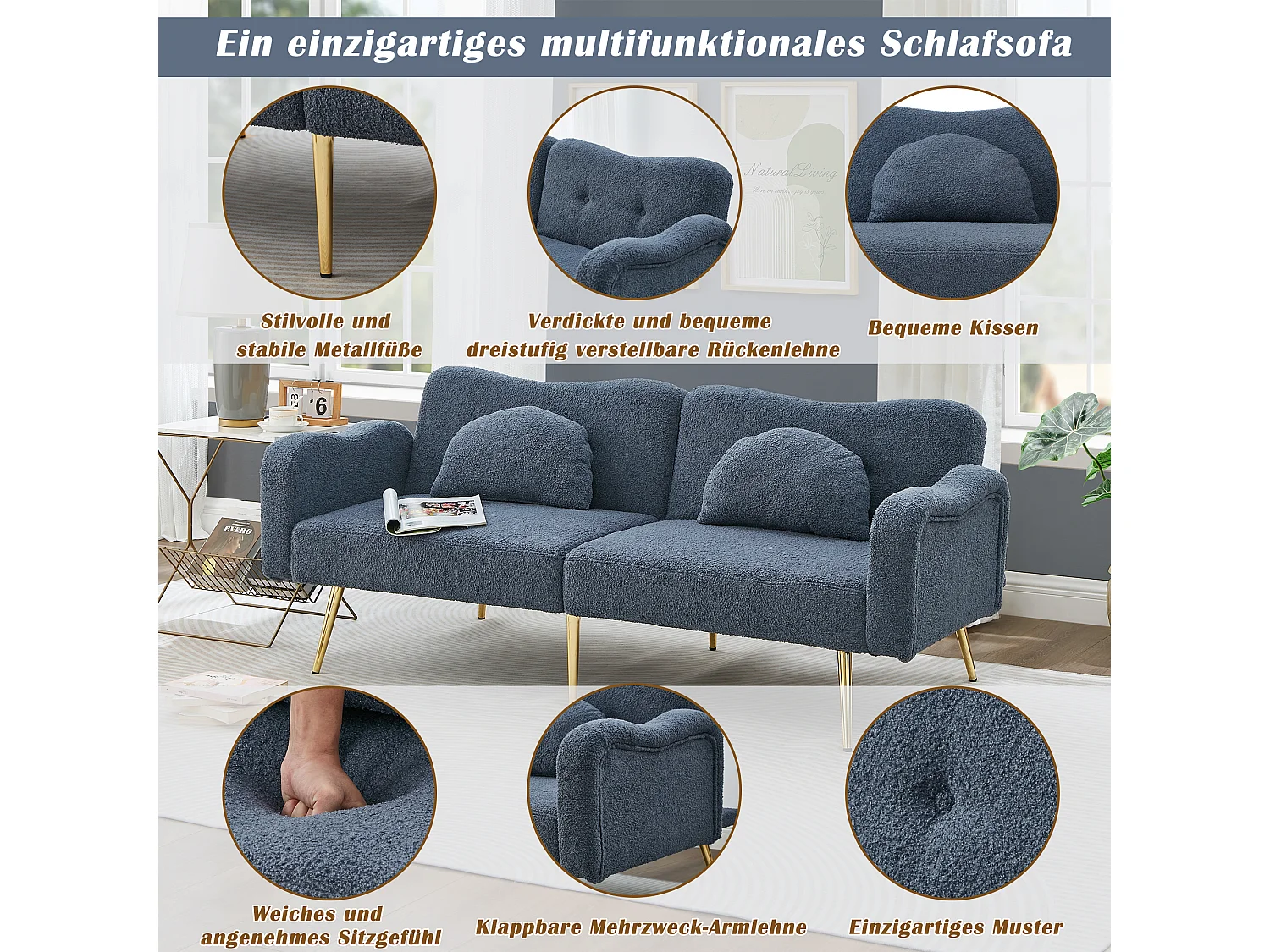 Canapé convertible 2 places - 175 x 79 x 82 cm - avec dossier réglable - velours - Bleu