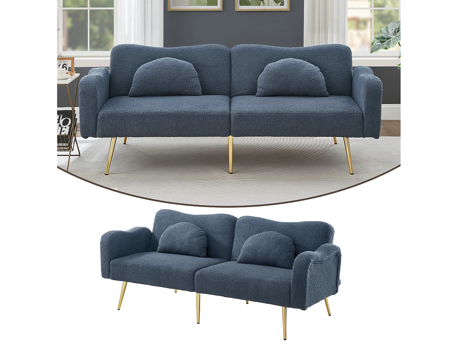 Canapé convertible 2 places - 175 x 79 x 82 cm - avec dossier réglable - velours - Bleu