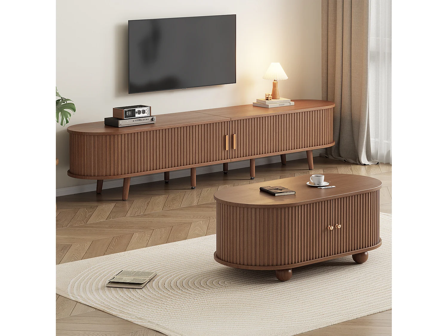 Ensemble meuble TV avec rangement + combinaison table basse - MDF - naturel foncé