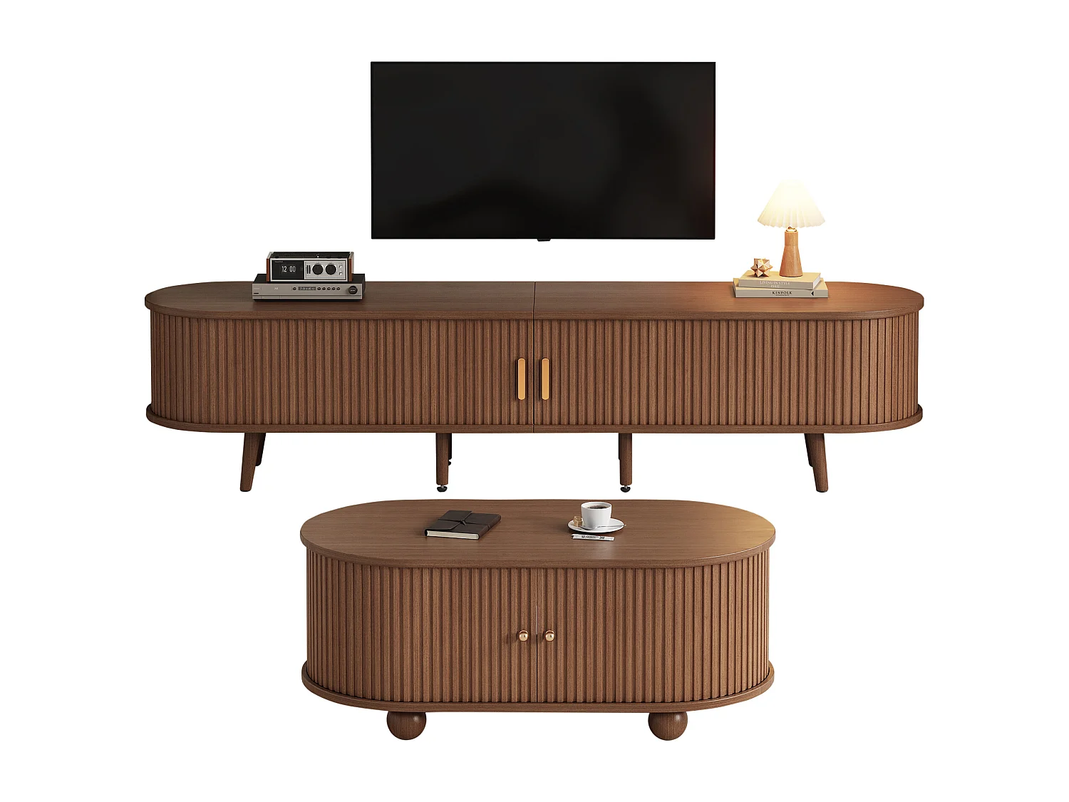 Ensemble meuble TV avec rangement + combinaison table basse - MDF - naturel foncé