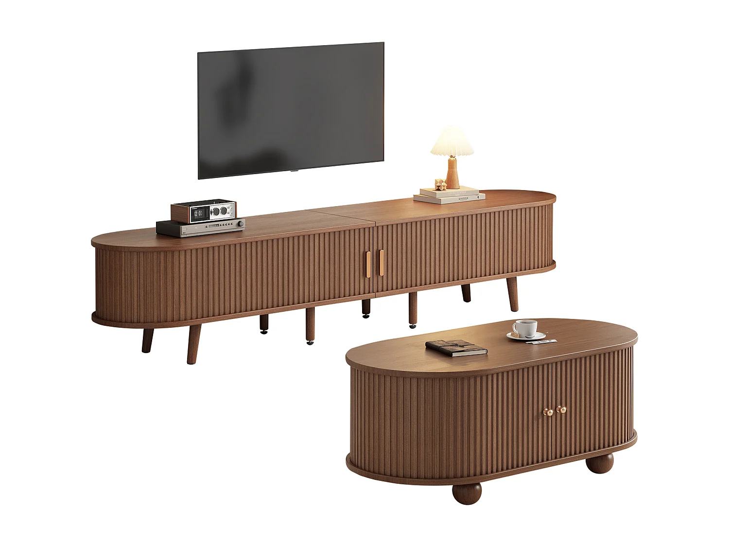 Ensemble meuble TV avec rangement + combinaison table basse - MDF - naturel foncé