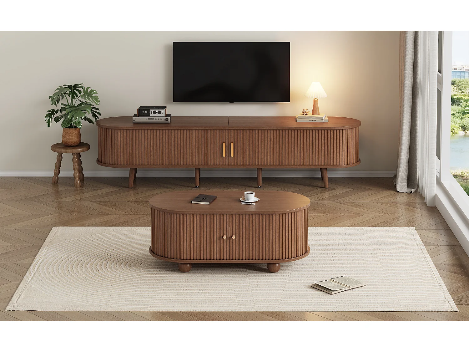 Ensemble meuble TV avec rangement + combinaison table basse - MDF - naturel foncé