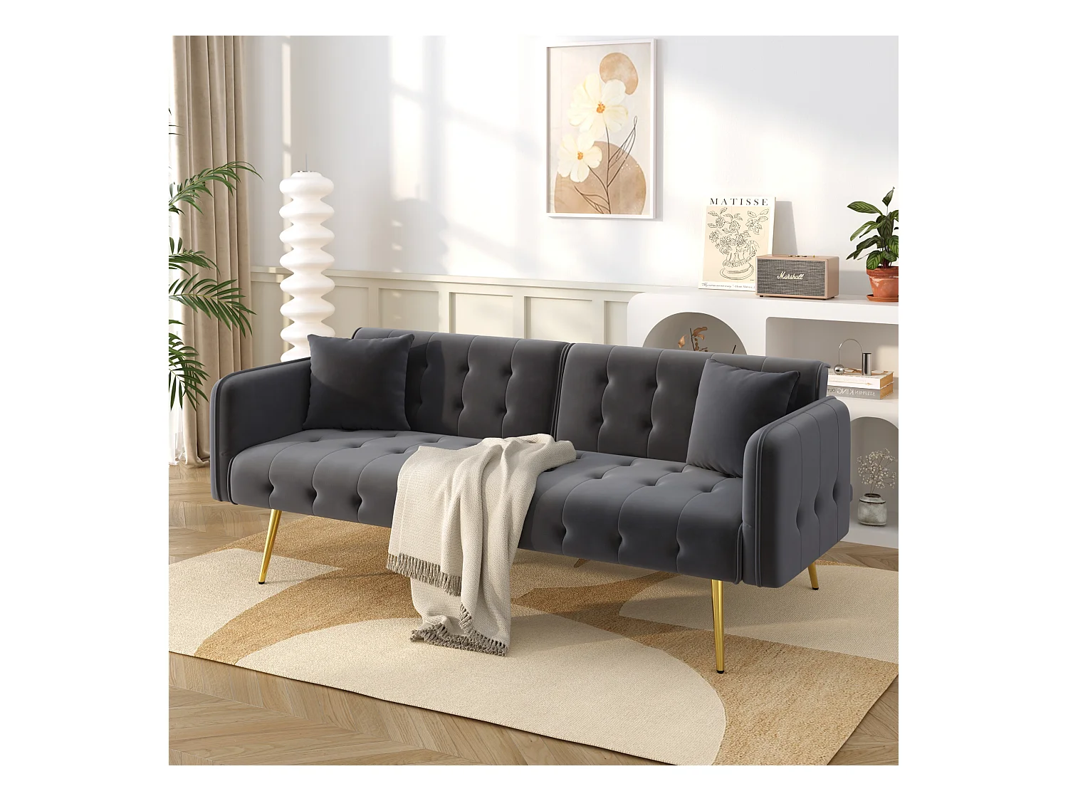 2-Sitzer-Schlafsofa – 178 x 82 x 70 cm – mit verstellbarer Rückenlehne und Armlehnen – Samt – Grau