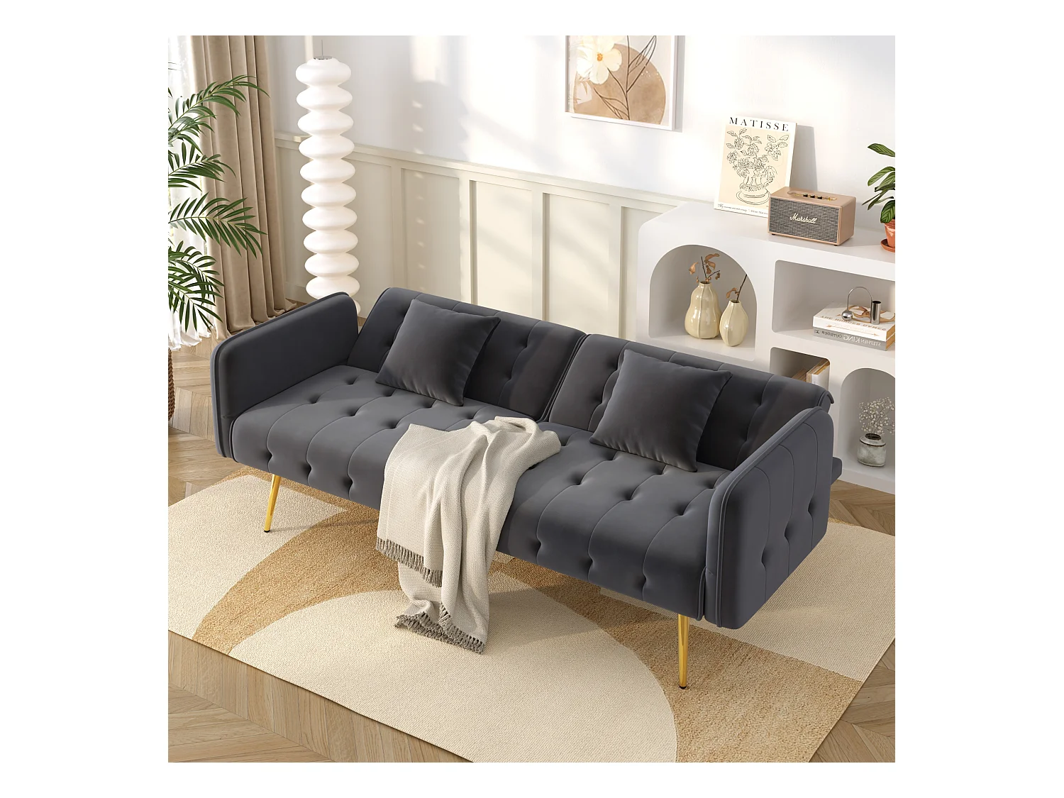 2-Sitzer-Schlafsofa – 178 x 82 x 70 cm – mit verstellbarer Rückenlehne und Armlehnen – Samt – Grau