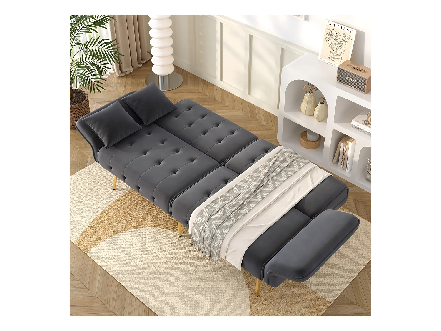 2-Sitzer-Schlafsofa – 178 x 82 x 70 cm – mit verstellbarer Rückenlehne und Armlehnen – Samt – Grau