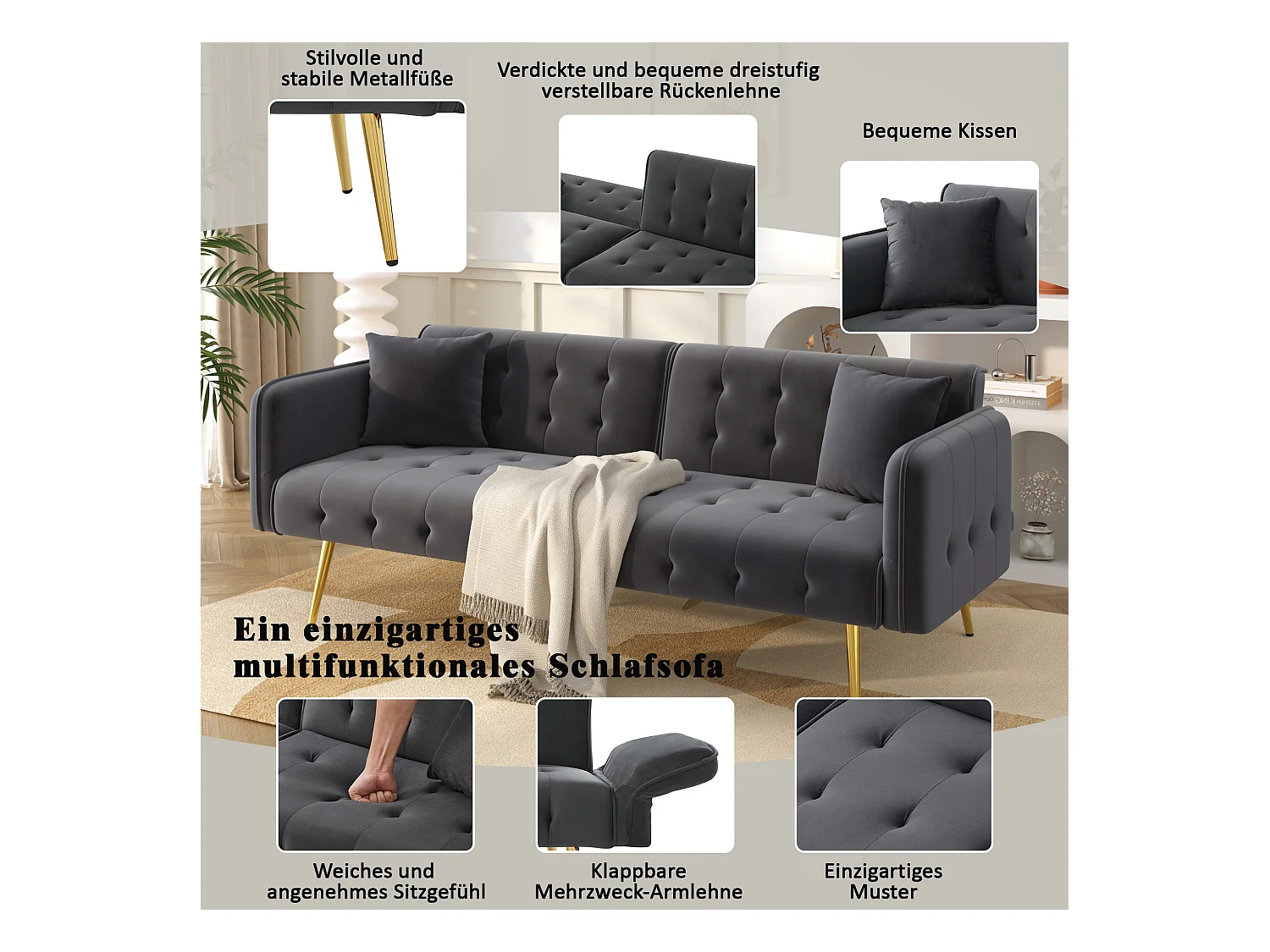 2-Sitzer-Schlafsofa – 178 x 82 x 70 cm – mit verstellbarer Rückenlehne und Armlehnen – Samt – Grau