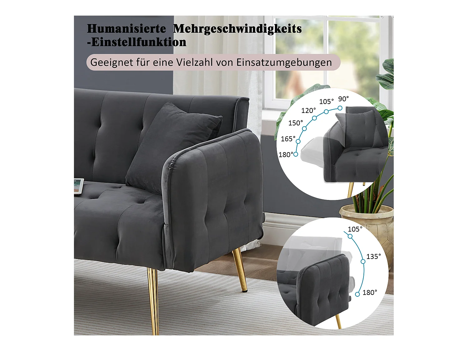 2-Sitzer-Schlafsofa – 178 x 82 x 70 cm – mit verstellbarer Rückenlehne und Armlehnen – Samt – Grau