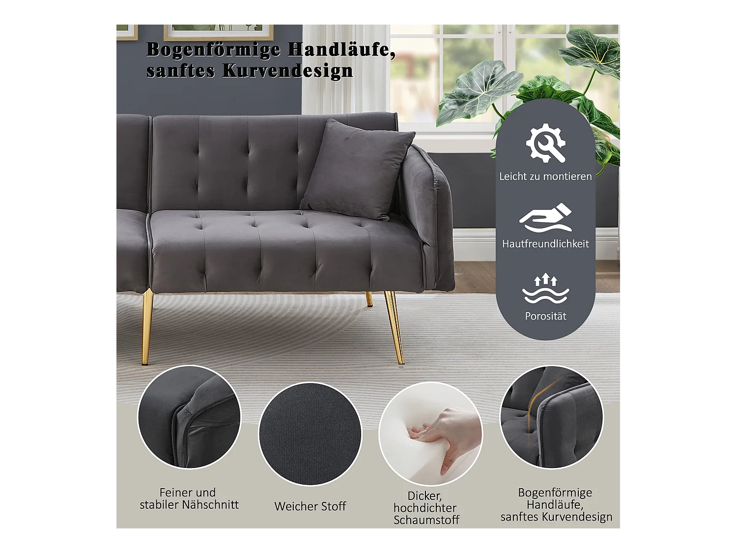 2-Sitzer-Schlafsofa – 178 x 82 x 70 cm – mit verstellbarer Rückenlehne und Armlehnen – Samt – Grau