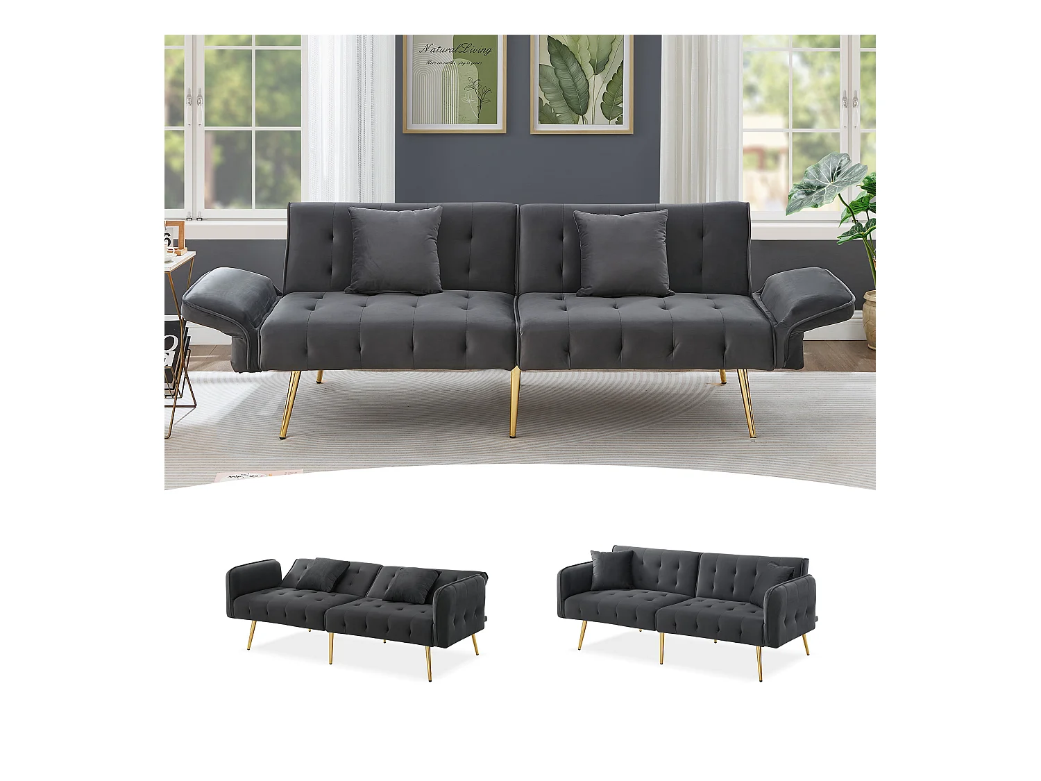 2-Sitzer-Schlafsofa – 178 x 82 x 70 cm – mit verstellbarer Rückenlehne und Armlehnen – Samt – Grau