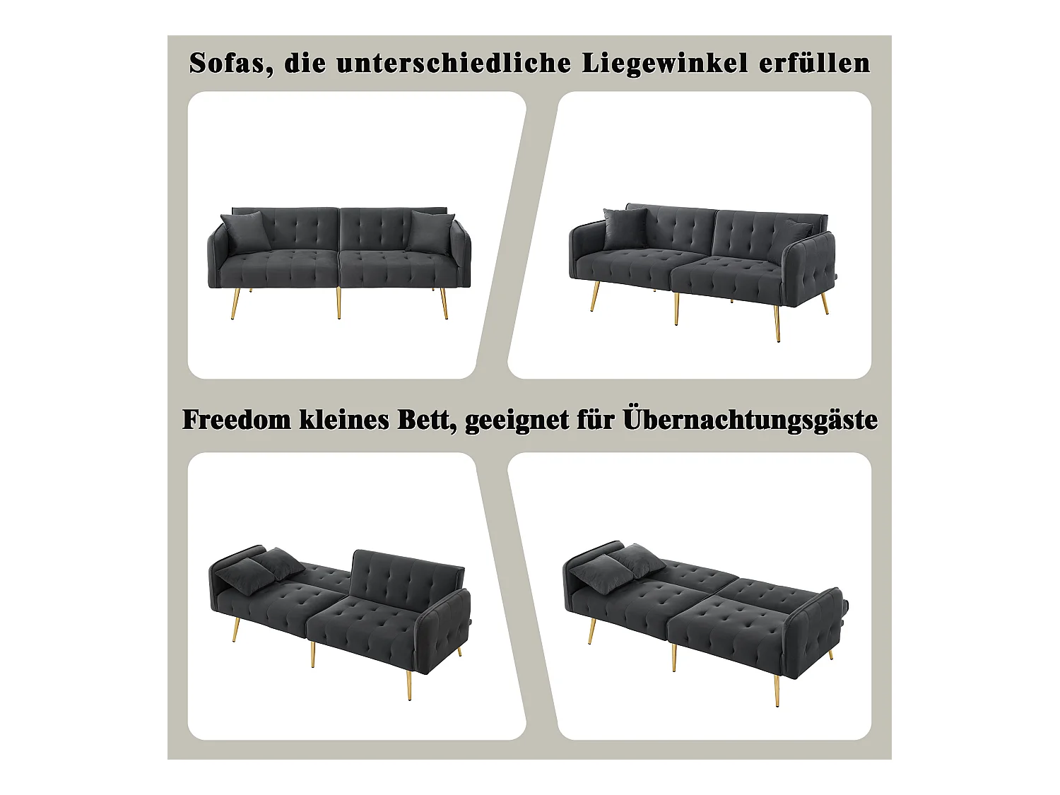 2-Sitzer-Schlafsofa – 178 x 82 x 70 cm – mit verstellbarer Rückenlehne und Armlehnen – Samt – Grau