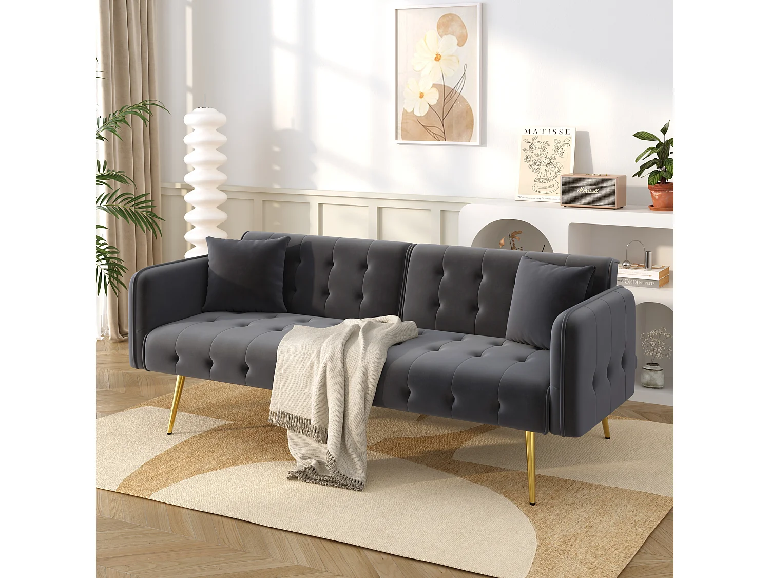 Divano letto 2 posti - 178 x 82 x 70 cm - con schienale e braccioli regolabili - velluto - grigio