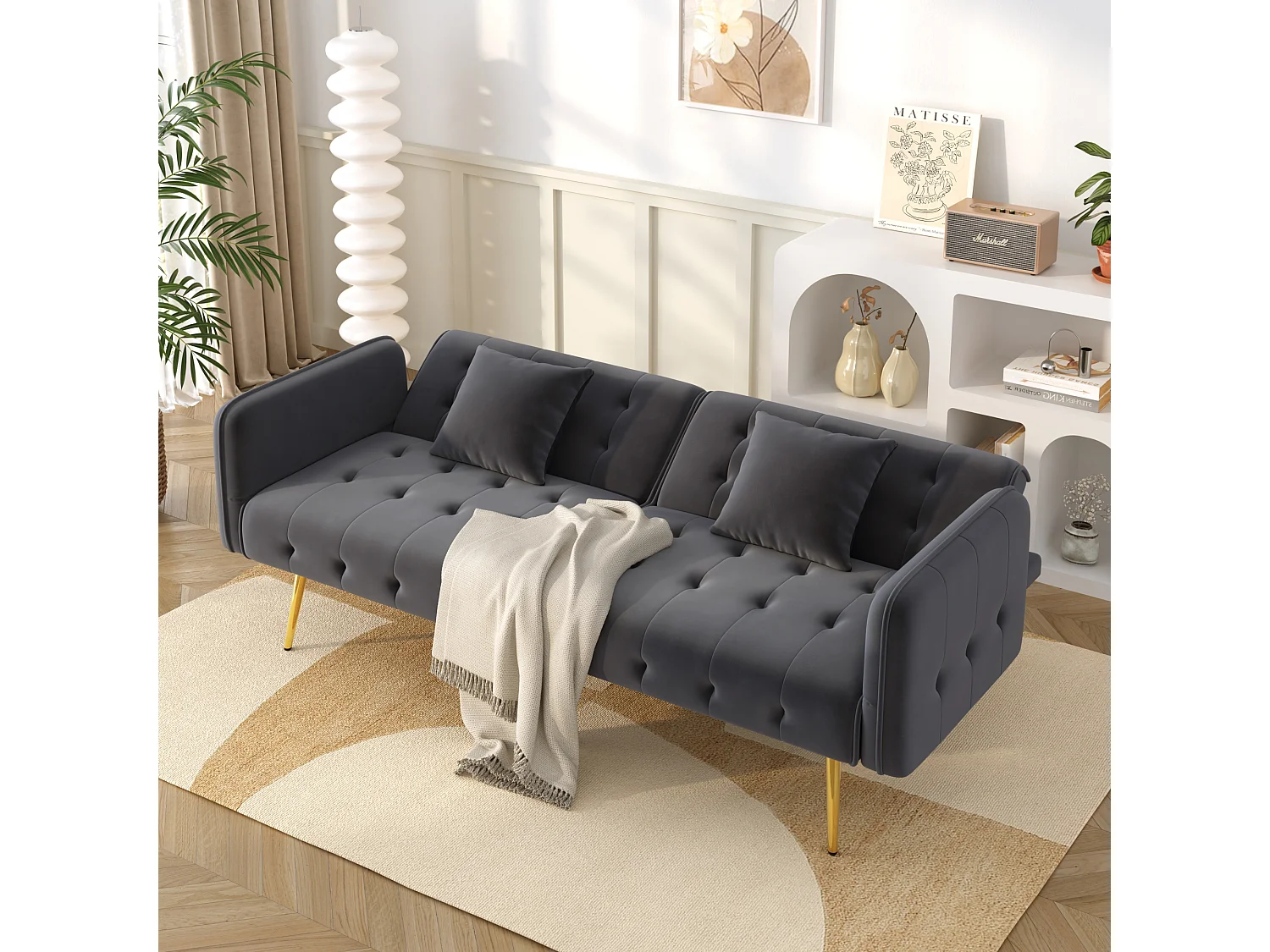 Divano letto 2 posti - 178 x 82 x 70 cm - con schienale e braccioli regolabili - velluto - grigio