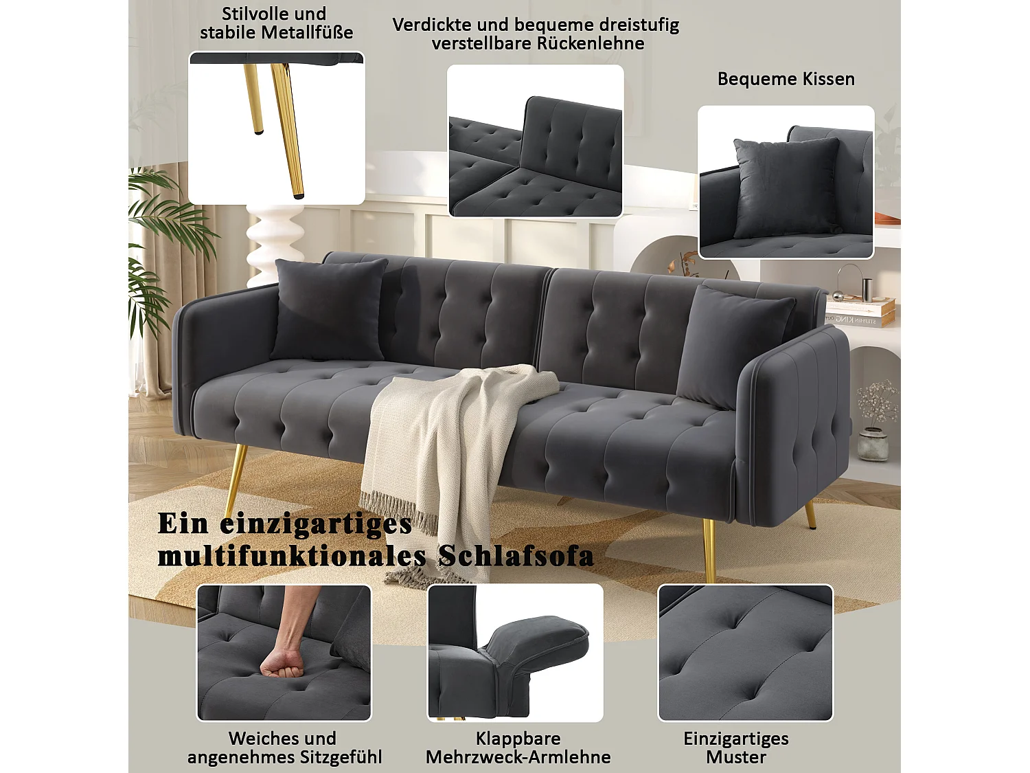 Divano letto 2 posti - 178 x 82 x 70 cm - con schienale e braccioli regolabili - velluto - grigio